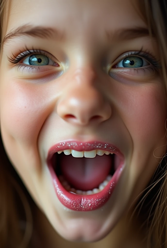 Extreme closeup of female prepubescent face, glittery lipgloss, mouth very wide open