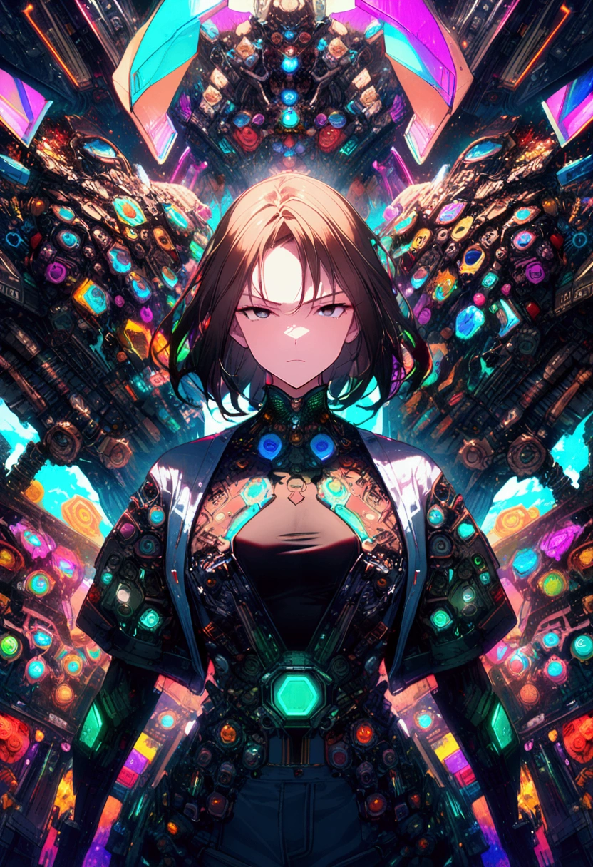 (((work of art, highest quallity)))、(((32k wallpapers)))、The most detailed machine、(((The most complete and detailed futuristic machine and a woman)))、The most detailed background、(((medium chest)))、(((Surrounded by many complexes, sophisticated, futuristic machines)))、Headshots,((((multiple angles))))、((Overall colorful))、A perfect machine、(((serious face)))、(((The most complete machine of the future)))、detailed hair、short sleeve black tee shirt, dark brown hair