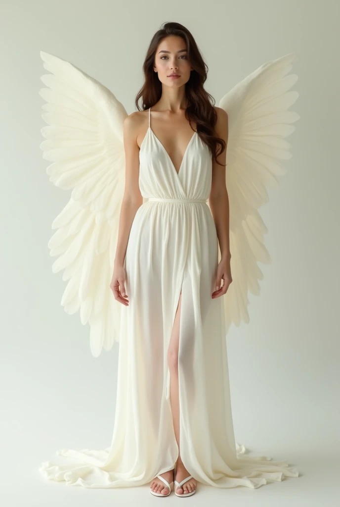a american woman with an Angelic Essence face, wearing white Soft Draped Gowns, full body image, standing straight, white sandals, looking at the camera