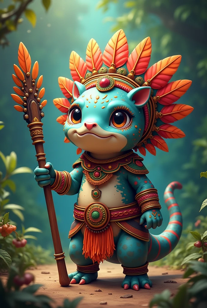 Cute looking axolotl, in jaguar warrior costume, carrying a macuahuitl