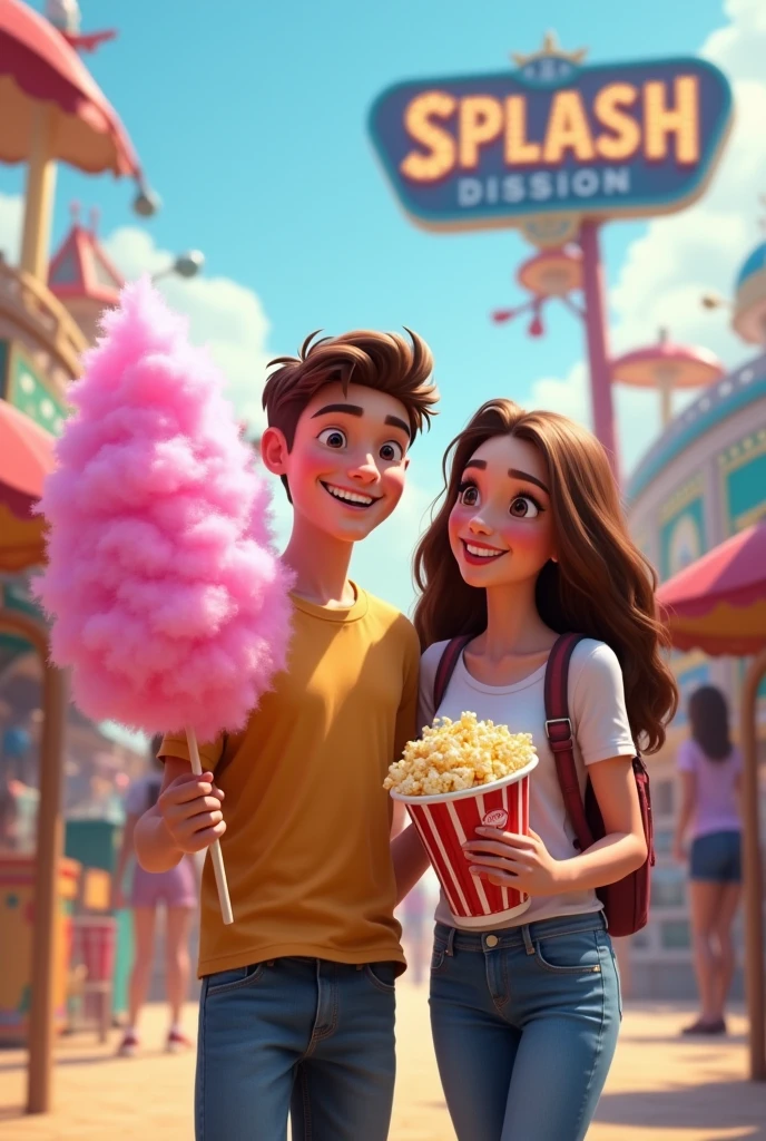 Pixar teenage boy eating cotton candy and teenage girl with popcorn in hand, in an amusement park, with a sign behind that says SPLASH 