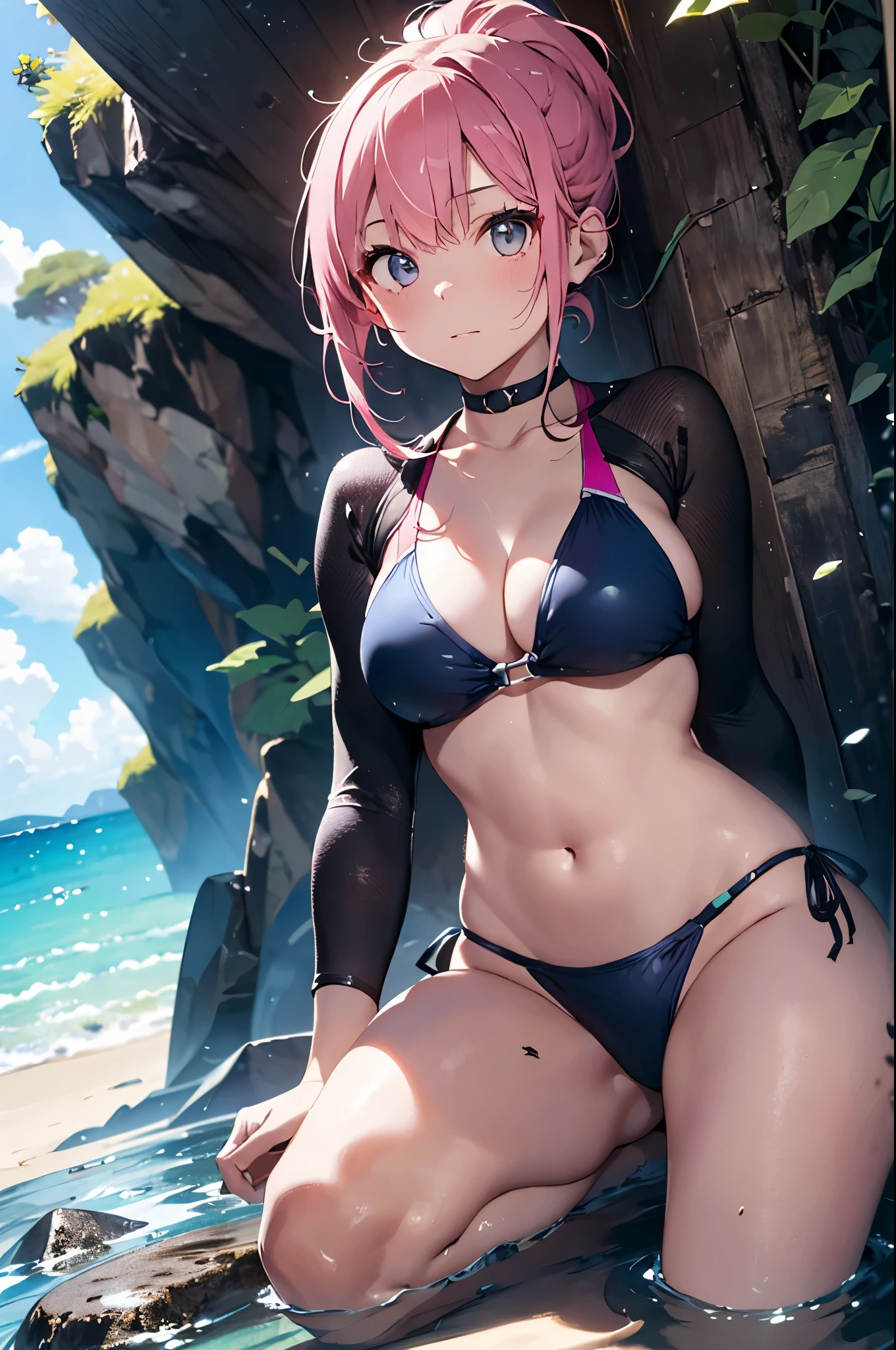 4K,8k,High resolution,Pink Swimsuit、
Quite a young woman,Pink Hair、ponytail、Pink Swimsuit、
(Soft Saturation:1.3), (Fair skin:1.2),
(ultra-Detailed Background, Detailed Background), Bokeh,
break'Smiling portrait.,
When viewed from the front, The composition is symmetrical,
Looking straight at you with serious eyes,
break Swimwear, Pink Bikini, Center of chest,
Outdoor, Sea surface, null, sunlight,Summer beach, Sandy Beach,
Strong light, Front lighting,
(:1.3), (Cowboy Shot:1.2),
Front brake angle,
View your viewers,
Dynamic pose,
sitting on the beach
Wakame seaweed、Wakame seaweed、
Seaweed、Seaweed、Seaweed、Seaweed、Seaweed、Seaweed、Seaweed、