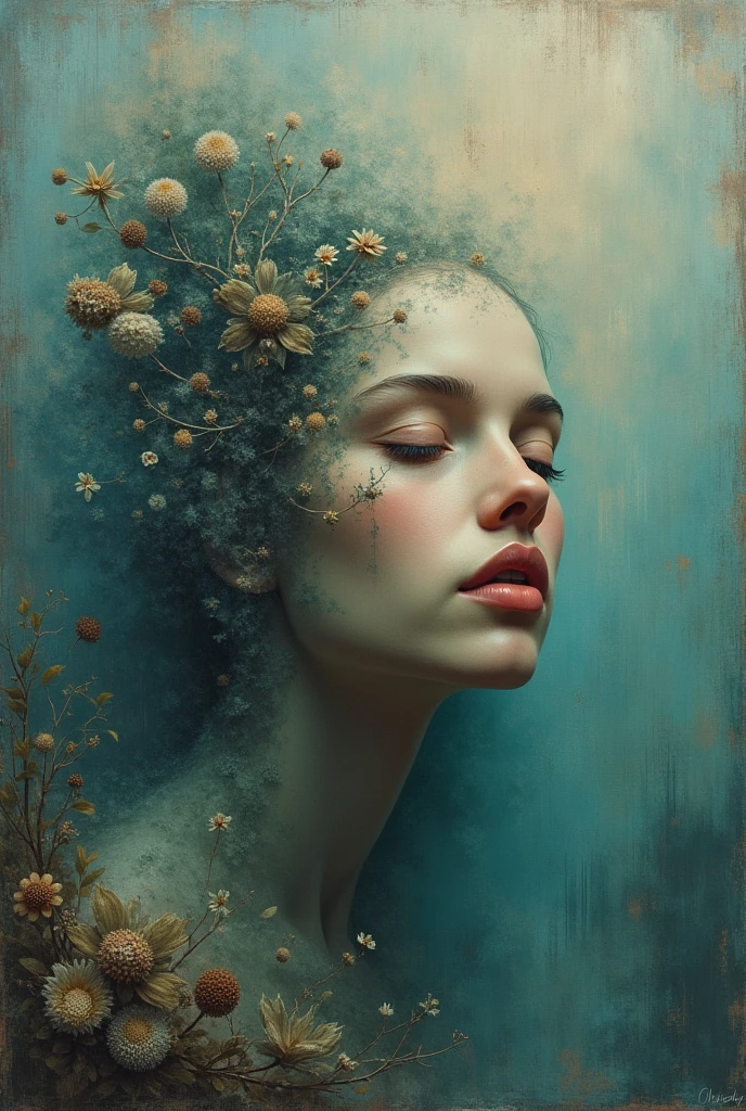 I am she who is trapped in a surreal painting where only my face is seen in 3D . The message I want to convey is that there are other realities, very real. , 48K