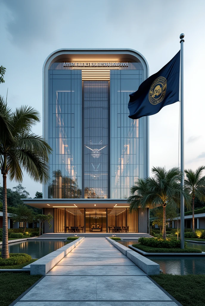 A company headquarters with,
The image showcases a modern building with distinct Singaporean architectural elements. The building features sleek glass facades, clean lines, and an elegant, minimalist design that reflects a blend of modernity and traditional Southeast Asian influences. The structure rises several stories high, with a curved roof inspired by the traditional "Minangkabau" style, slightly flaring at the edges.
At the top of the building, prominently displayed is a large sign that reads "APEX GLOBAL HOLDINGS EMBASSY" in bold, metallic letters, illuminated subtly for a sophisticated look. The lettering is centered above the main entrance, which is framed by two large, polished stone pillars.
The building is surrounded by a lush, well-manicured compound, featuring a variety of tropical plants, palm trees, and a koi pond that reflects the building's modern yet organic design. A wide, stone pathway leads to the entrance, bordered by low, neatly trimmed hedges.
Flag Description:
A flagpole stands to the right of the main entrance, positioned near the koi pond. The flag of Apex Global Holdings is flying atop it, featuring a deep navy blue background with a golden emblem at the center. The emblem is a globe encircled by olive branches, symbolizing peace and global reach, with the letters "AGH" elegantly inscribed at the bottom of the globe in a bold, modern font. The flag waves gently in the breeze, adding a sense of dignity and prestige to the setting.
The entire scene is set against a clear blue sky, with the building’s glass facade reflecting the natural surroundings, enhancing the serene and prestigious ambiance of the compound