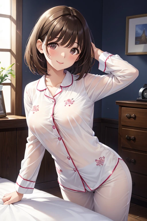 anegasaki nene、Shiny brown hair, short hair, (Beautiful brown eyes、Sparkling eyes, Fine grain)、smile、Ultra-detailed eyes、Highly detailed face, Highly detailed eyes,Cowboy Shot、
1 female, Large Breasts, Perfect body, White satin pajamas with love pattern, Are standing, From behind, blush, smile, In the bedroom, Listen to me, A shirt that shows your nipples, Transparent pajamas, Front view, ,
Cute girl anime visuals, Beautiful anime girls, Smooth anime CG art,
Official artwork, attractive Anime ,
