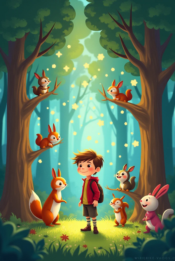 Depict a vibrant scene inside the forest where animals like rabbits, squirrels, and birds are interacting with Max. The trees have faces and are smiling warmly at Max, with magical sparkles floating around.*