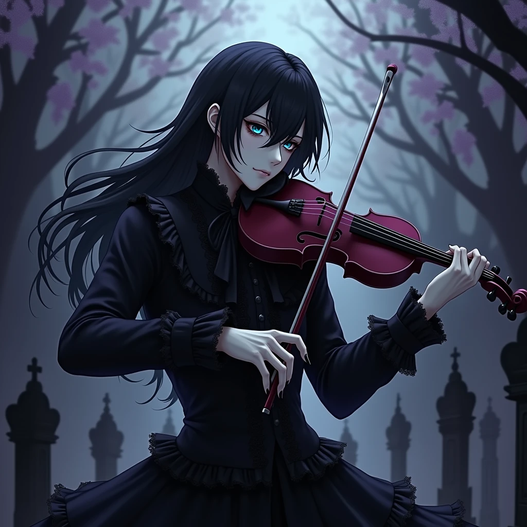 ((Anime boy)(( 1 male with long black hair and teal eyes, dressed in frilly gothic black clothes. His skin is white and pale like a vampire. Playing violin in the graveyard. (((Gloomy)) ((smooky)) ((dark)) ((black and purple)) (((scary))) ((horror))) mysterious) (((masterpiece)) ((perfectly detailed)