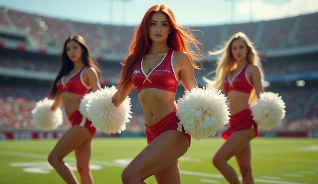 ultra realistic, photography, three hot girls: one with long straight red hair, (30 years old, hourglass figure, perfect body, natural medium breasts), the second one: long black straight hair, (30 years old, hourglass figure, perfect fit body, natural big breasts), the third one with long straight blonde hair, (wavy elegant hair, blue eyes, perfect round lips, 30 years old, gorgeous face, voluptuous figure, perfect fit body, big enhanced breasts), they have perfect round cleavage, great cleavage, they are cheerleaders in red and white skimpy short uniforms on a footballfield, they have white pompoms in their hands and are doing sexy cheerleading