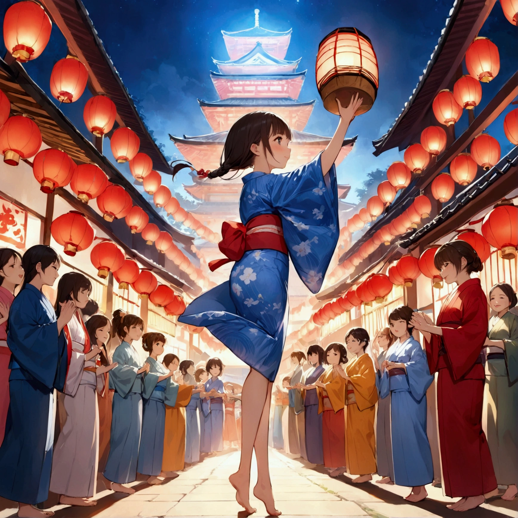 Night Festival, Turret drumming, Many red lanterns are lined up from the tower.、Glows red, People wearing yukata and singing Bon Odori songs々Group of, Wearing a blue yukata, Quietly dancing Japanese dance with hands raised diagonally upwards, child , Beautiful girl, very cute, Long and slender legs , A rich body