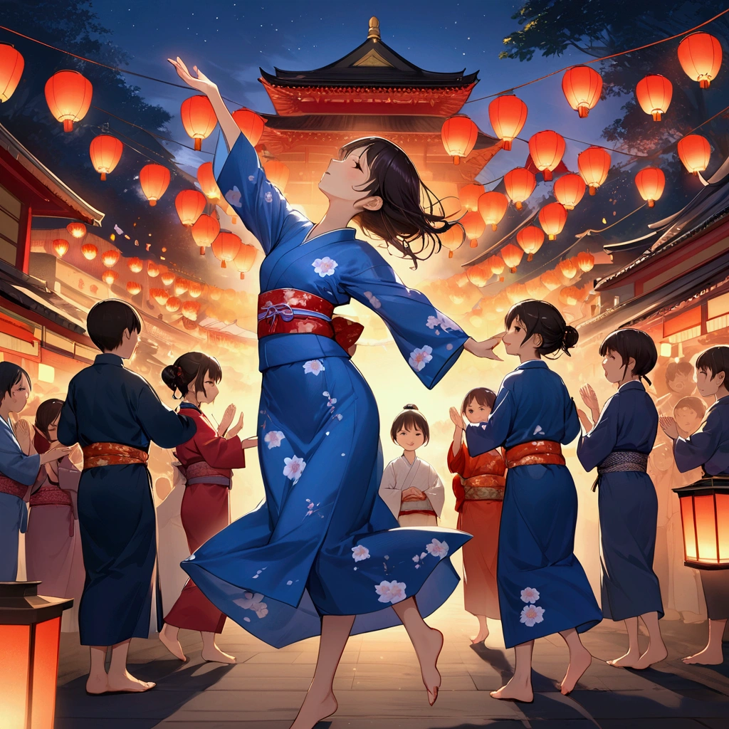 Night Festival, Turret drumming, Many red lanterns are lined up from the tower.、Glows red, People wearing yukata and singing Bon Odori songs々Group of, Wearing a blue yukata, Quietly dancing Japanese dance with hands raised diagonally upwards, child , Beautiful girl, very cute, Long and slender legs , A rich body
