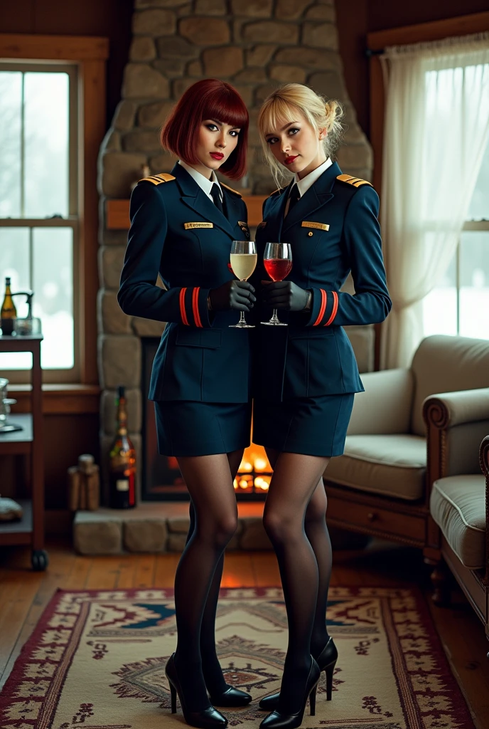 kodak royal gold film photo of 2 mature, athletic Russian women with large breasts. both 32 years of age. one with auburn short brushed paigeboy style wig. the other with chin length blonde hair with dark roots and pulled into bun. long eyelashes. deep full red lips. smokey heavy eyeshadow. (both wearing red contact lenses). (red eyes). Standing inside cozy and nicely furnished log house in Iowa. fireplace. Navajo style rug. sitting area. bar cart with drinks and cocktails. Heavy fog. winter seen through windows. Dim romantic lighting. Wearing dark blue Russian Air force military uniforms with well fitted blazers and matching skirts with hem over the knees. white dress shirts. neck ties. russian rank epaulets. very Long, tightly fitted black leather gloves. skin colored glossy pantyhose and black high heel pump shoes. each holding a glass of wine. beckoning the viewer. sultry smiles.