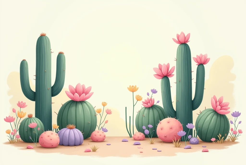 cacti and flowers in pastel colors in 2d