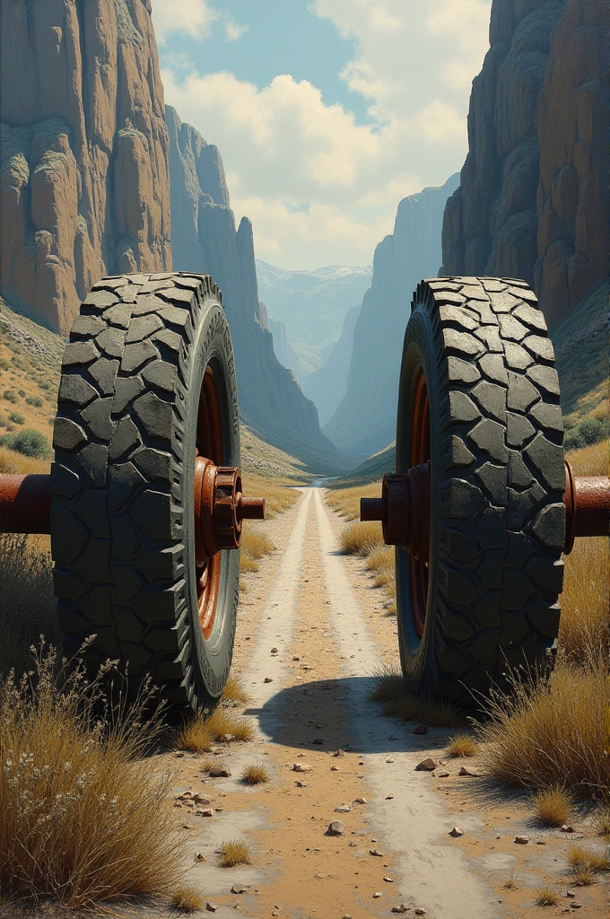 A rough oil painting of a two wheels in a road