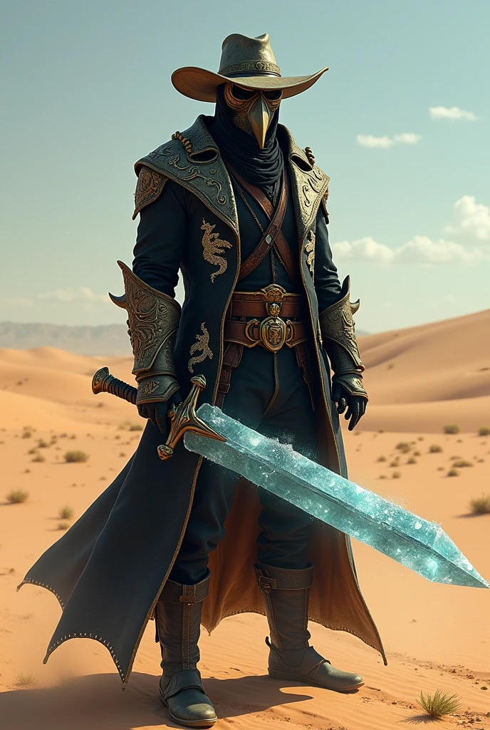 Hunter in a desert, with a long sword made of ice (an ice sword). He wears a bronze colored plague mask. (those masks with a huge beak) and details of white dragons on his outfit (sobretudo escuro, half sepia), besides a cowboy hat (not very wide).