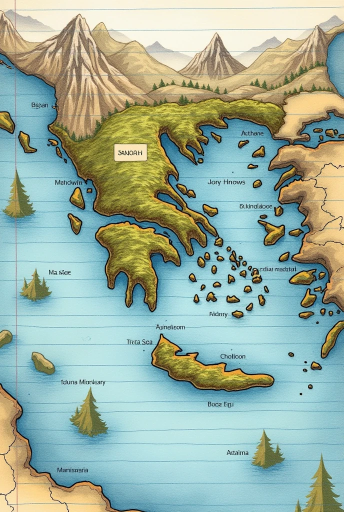 Make a sketch on notebook paper representing the location of ancient Greece and also make islands, mountains and the cities of Sparta and Athens. Place the names of the cities on top of each one.
