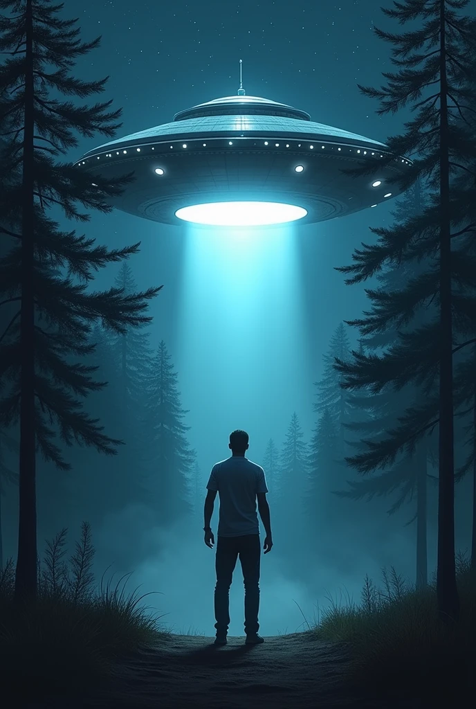 A flying saucer abducts a man in the middle of a pine forest at night