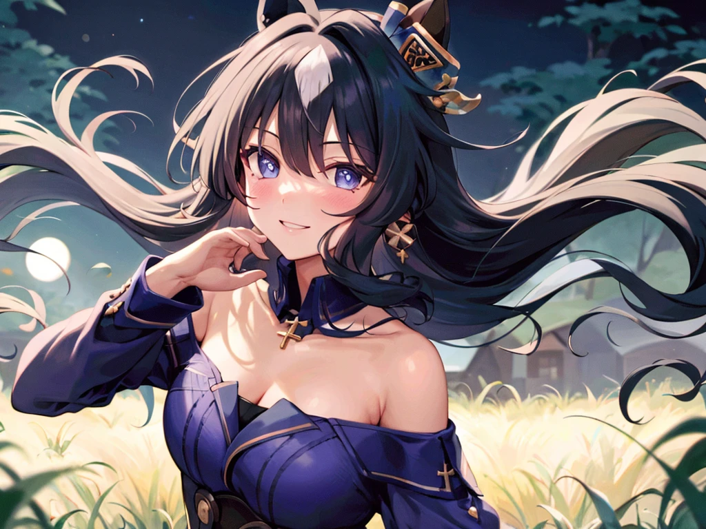 Chest centered、Sharpness、masterpiece, 8k wallpaper, best quality, 1girl, Moonlit Night, Light blue knitted dress, off_shoulder, smile, blush, looking at the viewer, grass,