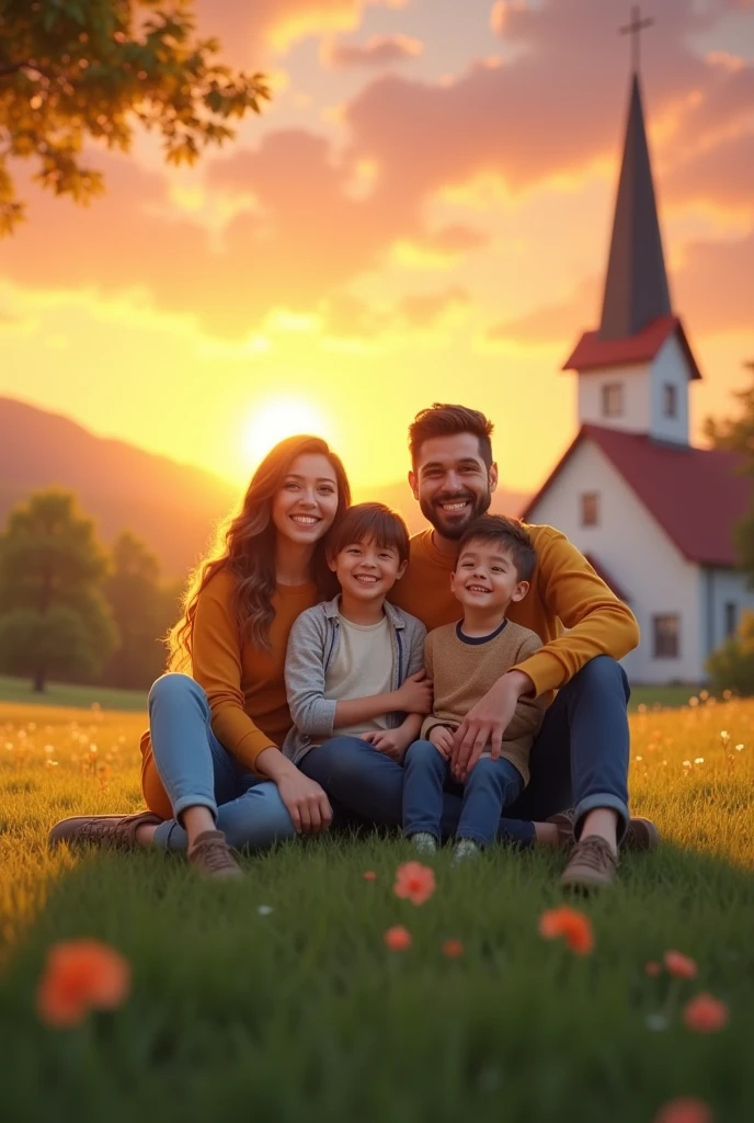 create an image with a happy family sitting on a lawn with the sunset in the background, next to the family a church in the background