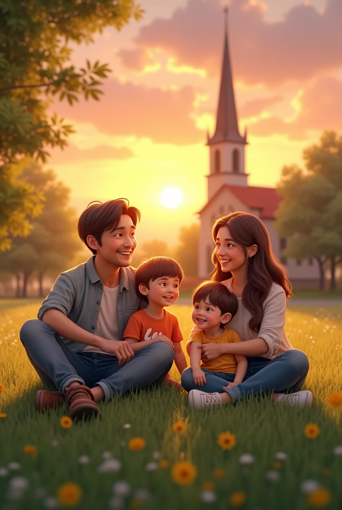 create an image with a happy family sitting on a lawn with the sunset in the background, next to the family a church in the background