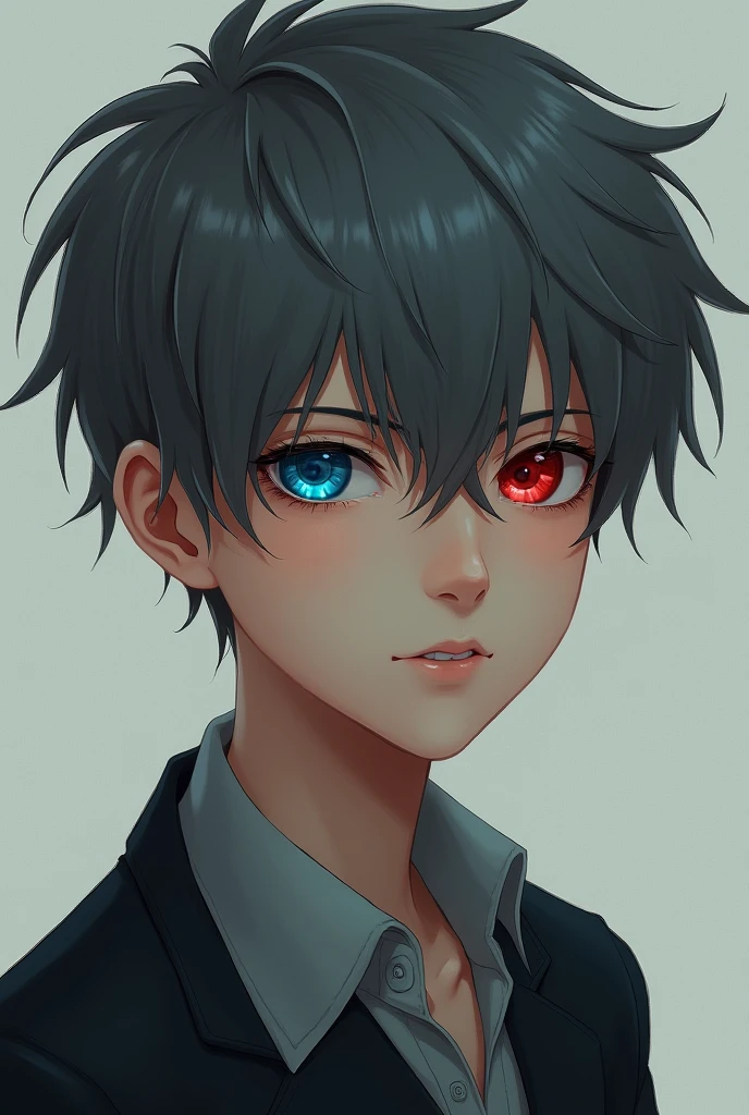 Boy with dark grey hair, left eye blue and right eye red. He is 15 years and is supposed to appear calm but firm