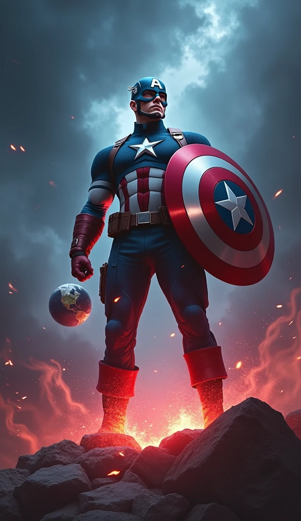 llustrate a powerful and climactic moment where Captain America stands at the center of the image, holding his shield aloft with the entire world—represented as a fragile, glowing orb—balanced precariously on its edge.

Clareza e Especificidade no Prompt: Captain America is positioned in a heroic stance, one knee slightly bent, as he raises his shield high above his head. The shield is now the focal point of immense power, with the orb of the Earth resting delicately on its edge, glowing with a soft, ethereal light. The image captures the tension and responsibility weighing on Captain America as he holds the fate of the world in his hands.

Detalhes Visuais: Captain America’s figure should be depicted in vivid detail, his suit slightly tattered from previous battles, but his posture remains resolute and determined. His shield, now infused with the energy of the Reality Stone, emits a powerful glow that bathes him and the surrounding area in light. The Earth orb is semi-transparent, showing continents and oceans within, surrounded by a delicate aura of light that suggests its fragility. Tiny cracks might be visible on the surface of the orb, hinting at the world’s precarious state.

Contexto e Composição: The composition centers on Captain America, with the background fading into darkness to emphasize the gravity of the moment. The perspective is slightly upward, making Captain America appear larger-than-life, embodying the weight of his responsibility. The orb of the Earth, resting on the shield, is positioned at the very top of the image, drawing the viewer's eye immediately to the focal point.

Atenção ao Ambiente: The environment around Captain America is stark and minimalistic, with the focus entirely on him and the world he’s protecting. Subtle energy waves radiate from the shield, distorting the air slightly around him, emphasizing the immense power at play. In the background, faint, shadowy silhouettes of past battles and key moments might be barely visible, 