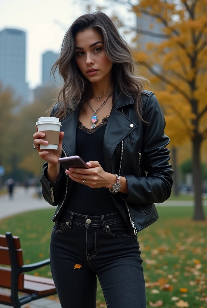 Imagine a modern witch standing in a city park, looking stylish and confident. She has long, dark hair with subtle streaks of silver, flowing freely over her shoulders. Her eyes are bright and intelligent, with a hint of mystery and magic. She wears a trendy black leather jacket over a fitted blouse, paired with dark jeans and ankle boots, blending seamlessly with her surroundings while hinting at her mystical side.

Around her neck is a delicate silver necklace with a small crystal pendant that glows faintly. She holds a cup of coffee in one hand and a smartphone in the other, casually checking her messages. A few small charms hang from her wrist—a crescent moon, a star, and a tiny pentacle—adding a touch of magic to her otherwise everyday look.

She stands near a park bench, with a city skyline in the background and leaves gently falling around her. Despite her modern appearance, there is an undeniable aura of magic about her, a subtle glow that sets her apart from the ordinary.