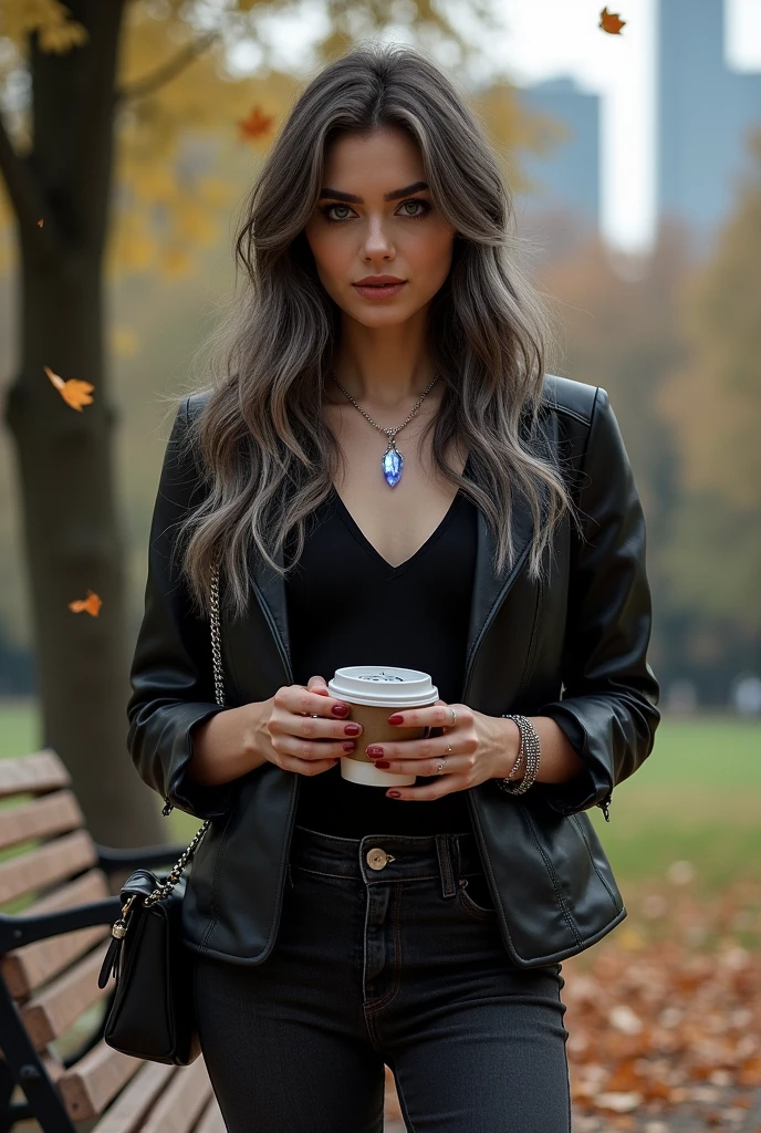 Imagine a modern witch standing in a city park, looking stylish and confident. She has long, dark hair with subtle streaks of silver, flowing freely over her shoulders. Her eyes are bright and intelligent, with a hint of mystery and magic. She wears a trendy black leather jacket over a fitted blouse, paired with dark jeans and ankle boots, blending seamlessly with her surroundings while hinting at her mystical side.

Around her neck is a delicate silver necklace with a small crystal pendant that glows faintly. She holds a cup of coffee in one hand and a smartphone in the other, casually checking her messages. A few small charms hang from her wrist—a crescent moon, a star, and a tiny pentacle—adding a touch of magic to her otherwise everyday look.

She stands near a park bench, with a city skyline in the background and leaves gently falling around her. Despite her modern appearance, there is an undeniable aura of magic about her, a subtle glow that sets her apart from the ordinary.