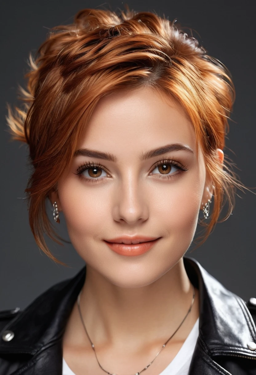 Beautiful, sexy woman with light brown eyes, short bright orange hair, 2, slim waist, very detailed, innocent face, face length 1.2 times face width, almond-shaped eyes, square face shape, high cheekbones , short wavy bright orange hair, brown eyes, high resolution, artwork, best quality, intricate details, very detailed, sharp focus, clear detailed skin, realistic skin texture, texture, detailed eyes, professional, 4k, charming smile , shot with Canon, depth of field , Kodak Vision Colors, Perfectly adjusted body, extremely detailed, photo_\(ultra\) , photorealistic, realistic, post-processing, Maximum detail, roughness, Real life, ultrarealistic, photorealism, photography, 8K Ultra HD, A photography,

with her short hair tied in a messy bun and wearing a white t-shirt, black leather jacket and leather pants, bracelet on her arm and a small necklace around her neck, a 90s rock style

in a 90s rock concert setting
