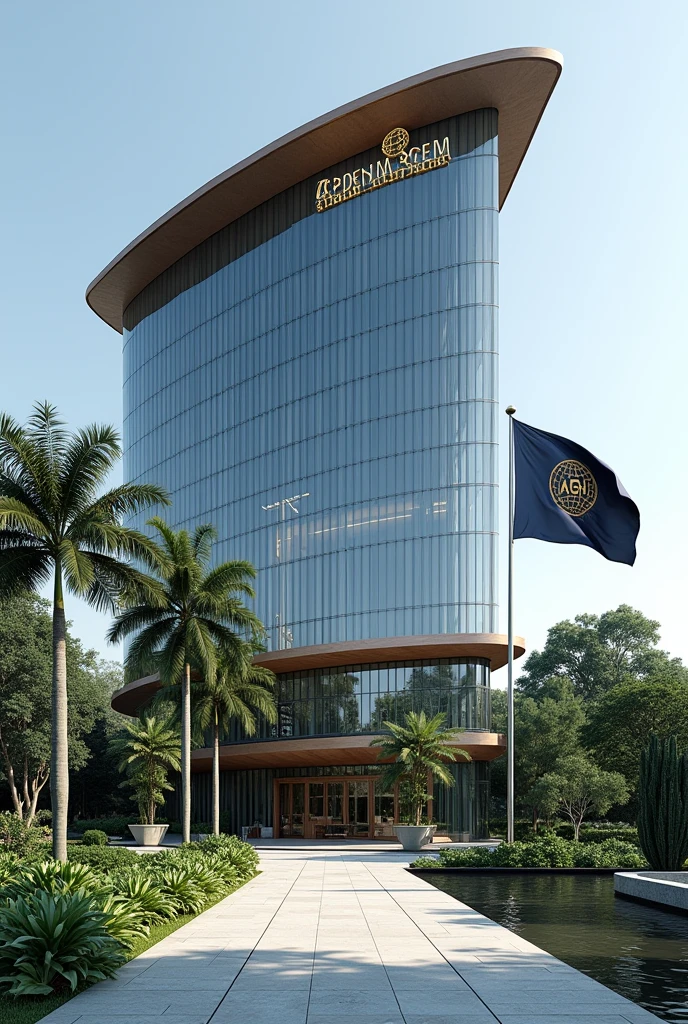 A company headquarters with,
The image showcases a modern building with distinct Singaporean architectural elements. The building features sleek glass facades, clean lines, and an elegant, minimalist design that reflects a blend of modernity and traditional Southeast Asian influences. The structure rises several stories high, with a curved roof inspired by the traditional "Minangkabau" style, slightly flaring at the edges.
At the top of the building, prominently displayed is a large sign that reads "APEX GLOBAL HOLDINGS EMBASSY" in bold, metallic letters, illuminated subtly for a sophisticated look. The lettering is centered above the main entrance, which is framed by two large, polished stone pillars.
The building is surrounded by a lush, well-manicured compound, featuring a variety of tropical plants, palm trees, and a koi pond that reflects the building's modern yet organic design. A wide, stone pathway leads to the entrance, bordered by low, neatly trimmed hedges.
Flag Description:
A flagpole stands to the right of the main entrance, positioned near the koi pond. The flag of Apex Global Holdings is flying atop it, featuring a deep navy blue background with a golden emblem at the center. The emblem is a globe encircled by olive branches, symbolizing peace and global reach, with the letters "AGH" elegantly inscribed at the bottom of the globe in a bold, modern font. The flag waves gently in the breeze, adding a sense of dignity and prestige to the setting.
The entire scene is set against a clear blue sky, with the building’s glass facade reflecting the natural surroundings, enhancing the serene and prestigious ambiance of the compound