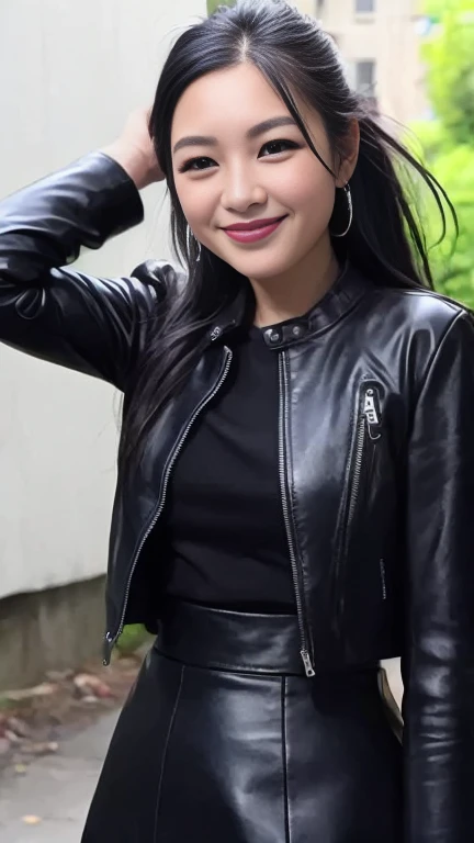 ((Black leather clothing))、Bright smile、leather jacket、Leather skirt、Standing posture、