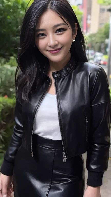 ((Black leather clothing))、Bright smile、leather jacket、Leather skirt、Standing posture、