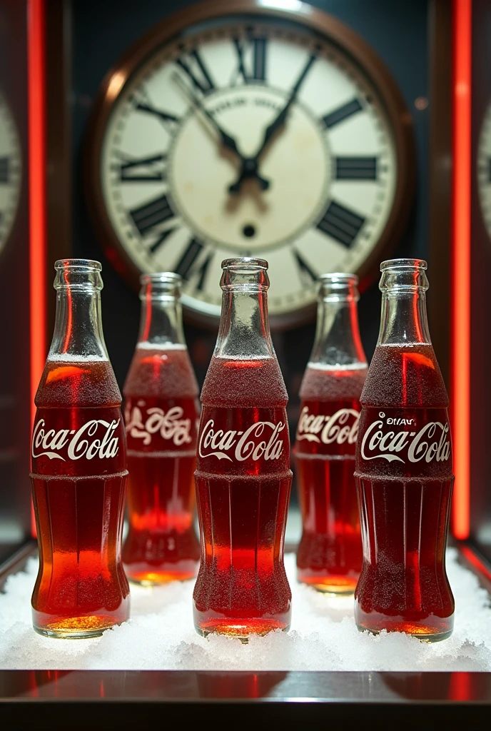 old coca cola bottles and new ones frozen side by side in a display case and behind a clock 