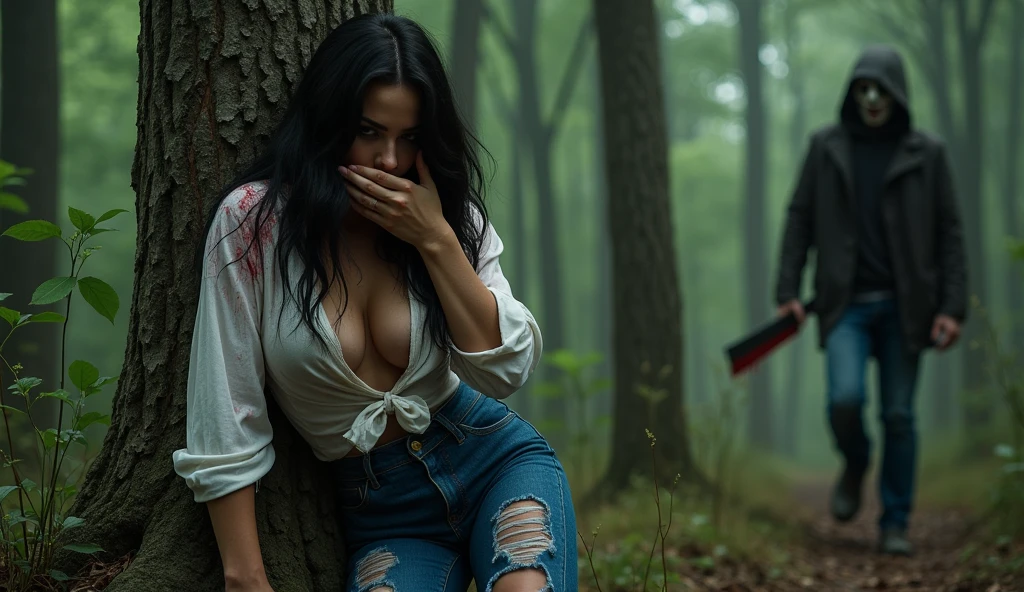 ultra realistic, photography, long black straight hair, messy hair, (30 years old, hazel eyes, hourglass figure, perfect fit body, natural big breasts), femme fatale, she is wearing a very ripped and torn blouse with a plunging neckline, pushed down over her right shoulder, blood is on her blouse, she got cuts and scratches, there are bloodstains on her blue jeans, her sneakers are dirty, she is hiding in the woods, standing behind a huge tree, she is leaning against the huge tree, she looks very scared, she covers her mouth with her hands, a guy with a devils mask and a bloody machete is approaching behind her tree, he is looking around, extreme wide angle
