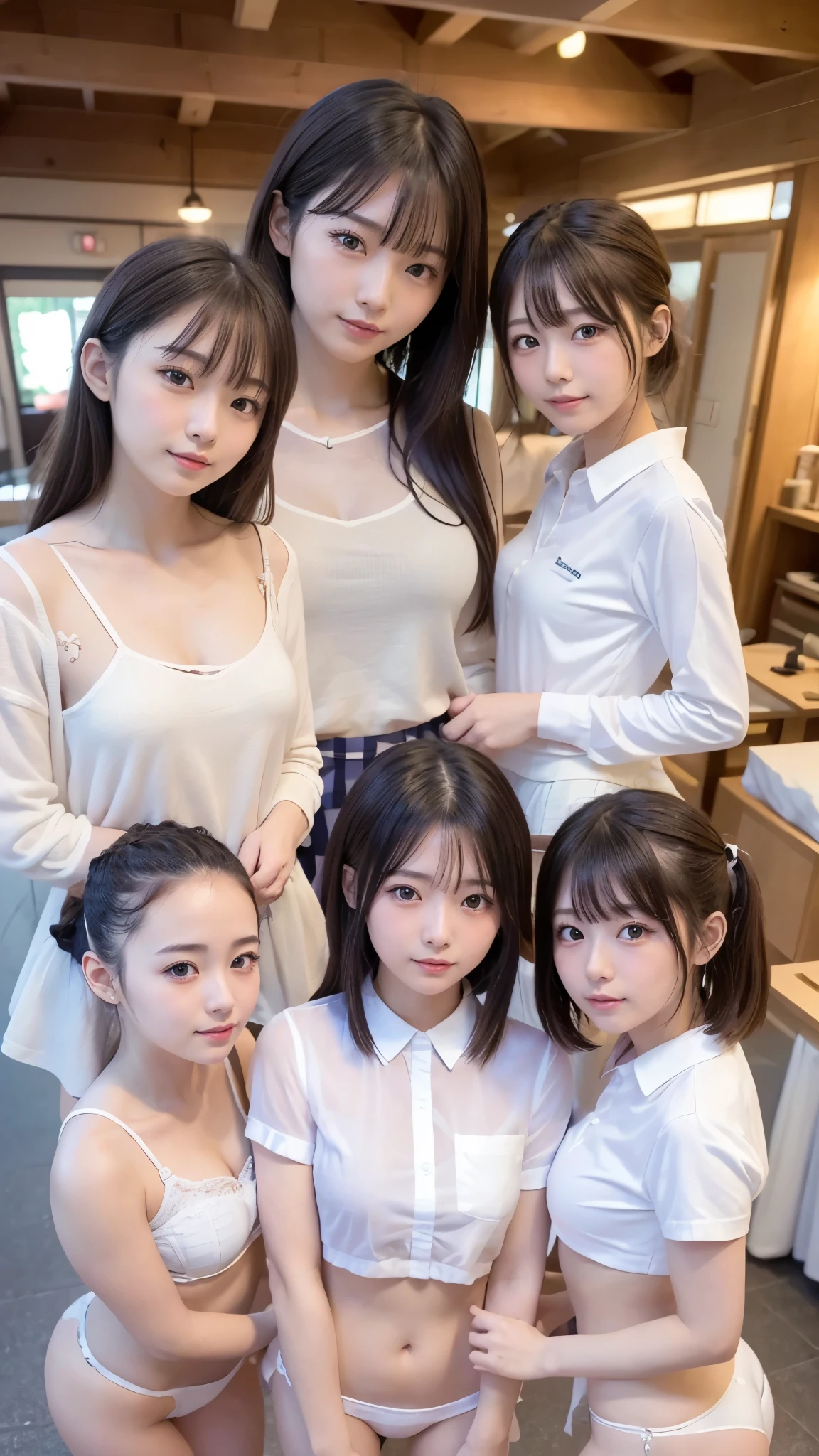 ((masterpiece, highest quality, High resolution, 超High resolution, Perfect Pixel, Depth of written boundary, 4K, RTTX 10.0, High resolution))), (Three adult women:1.3), Beautiful Anime Woman, Beautiful art style, Anime characters, ((Long Hair, bangs, Dark brown hair, ponytail)), ((Beautiful eyelashes)), ((Detailed face, blush:1.2)), ((Smooth texture, Realistic texture, Anime CG Style)), Perfect body, Slender body, Exact finger count、Exact number of legs、Exact number of arms, (blush:1), (Three women are standing with their skirts turned up, Looking Back, The women on either side are standing next to the woman in the center:1.2), ((White stylish shirt, Checkered Skirt:1.2)), Knee-high socks, (Lift up your skirt yourself:1), Realistic, Slender body, highest quality, High resolution, Very detailed face, Perfect lighting, Extremely detailed CG, (Perfect hands, Perfect Anatomy), Embarrassed expression, (Station platform:1.3), whole body, ((Stylish white satin panties:1.2)), (Exquisitely designed luxury underwear for adults, High resolution image of panties), Angle from the rear, Looking Back, (((A perfect 8-head-tall beautiful girl:1.3))), (Perfect Anatomy:1.3)