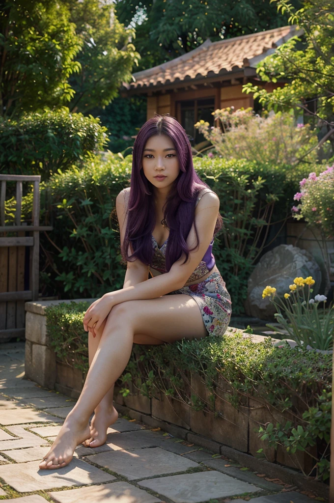 A beautiful asian young woman, with her feet shown, garden background, long smooth purple hair, detailed facial features, Photorealistic, highly detailed, 8k, HDR, evening light, masterpiece