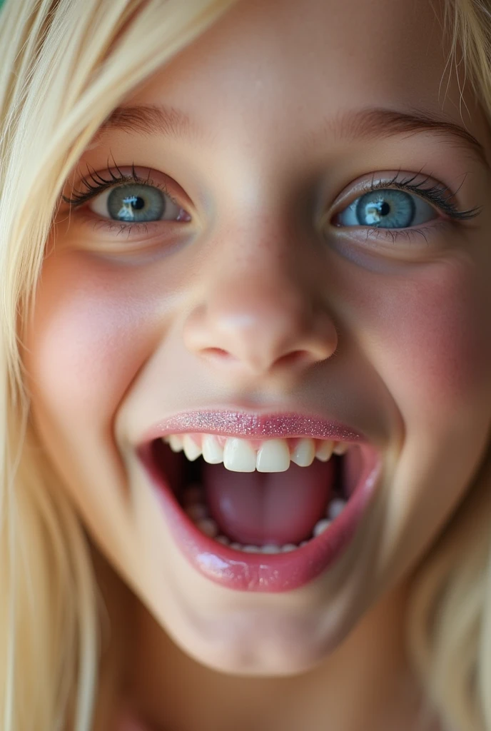 Extreme closeup of female prepubescent face, blonde hair, blue eyes, glittery lipgloss, mouth very wide open and happy
