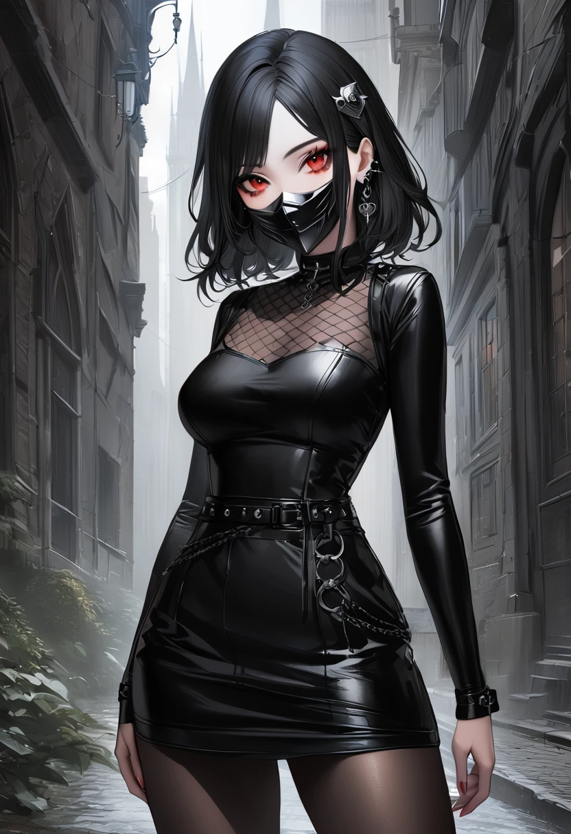 Gothic Punk、The inside color is red、Black-haired、hair ornaments、Beautiful girl、creative、Dark Fantasy Style、、Goth Fashion,Tight mini skirt、Fine skin、Realistic textured hair、((Black Mask)),Whole Body Ezbian、