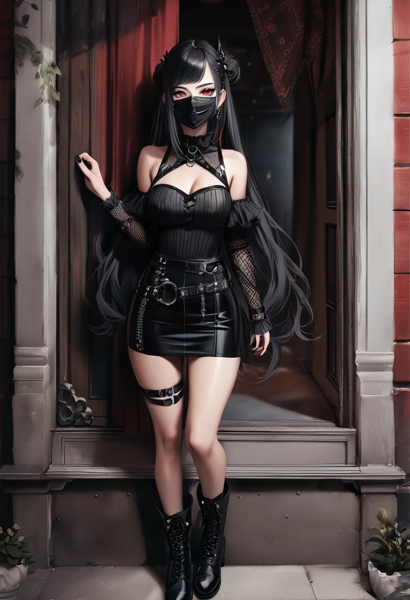 Gothic Punk、The inside color is red、Black-haired、hair ornaments、Beautiful girl、creative、Dark Fantasy Style、、Goth Fashion,Tight mini skirt、Fine skin、Realistic textured hair、((Black Mask)),Whole Body Ezbian、