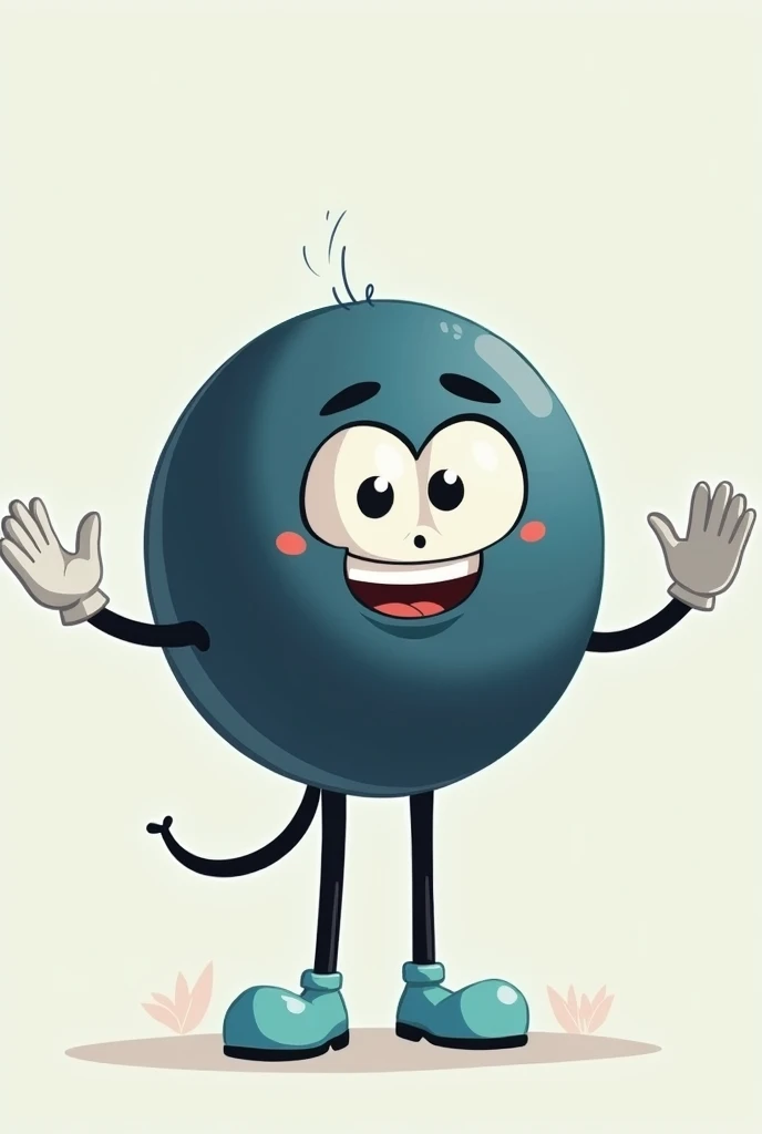 "Create a character, in cartoon style, with the following characteristics: a predominantly dark blue circular body. The character has a white face centered in the circle, with large, round, expressive eyes that convey a to help others not commit suicide. The character has a neutral expression. He has thin black arms with white gloves and black legs wearing light turquoise shoes.. The character must be in a help position, with hands outstretched as if to reach out to someone as a sign of help and support. The general climate should be neutral and supportive., as if the character was ready to help in any situation."