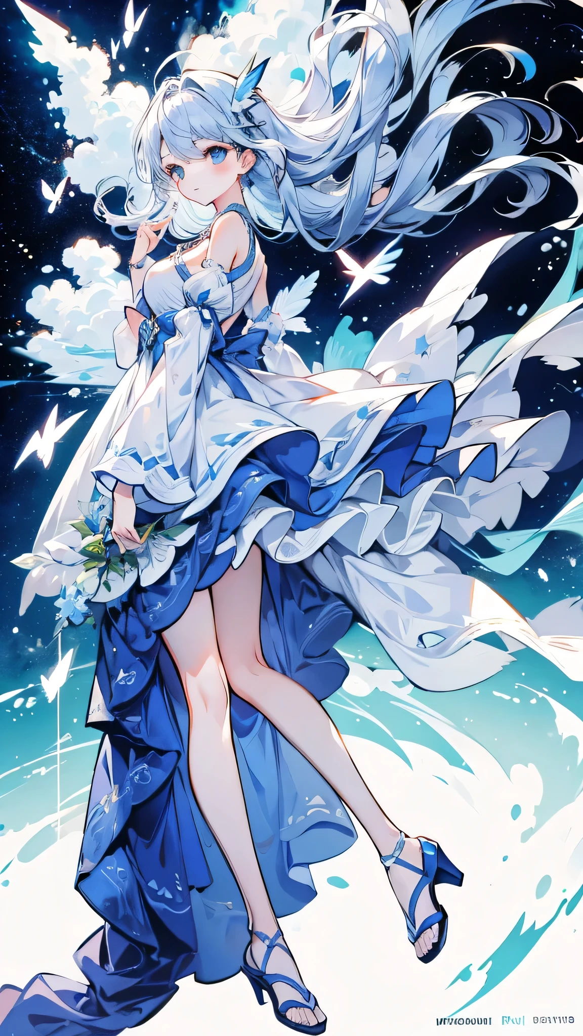 Full body illustration, anime character with, dress, blone hair, hair on both sides flying (wind), bright, lightning