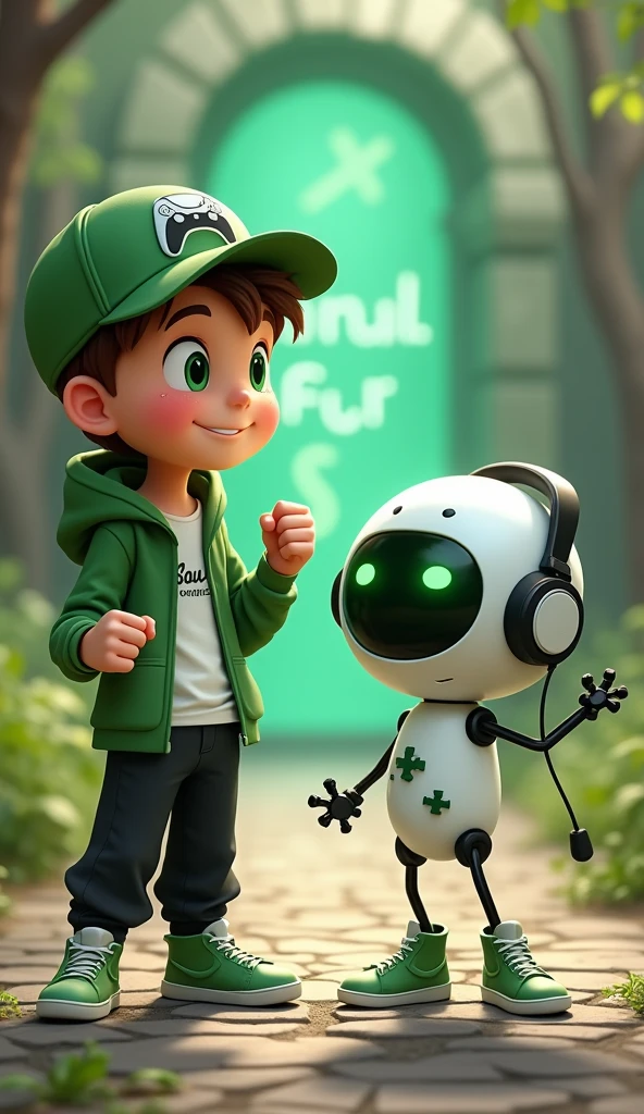 Create two characters that interact with each other. The two characters are friends through many adventures.
Character 1: Boy approximately 1 . He is tall. His facial expression is friendly and smiling., with big green eyes that convey a sense of curiosity and joy. your hair is short, brown in color and slightly disheveled, visible under the CAP. His cap is green and has a Playstation 5 controller printed on the front.. He wears a white T-shirt under a hooded jacket and matching cap.. The jacket has the word "Soulgamer" written visibly at chest height. He wears loose black pants that fit comfortably over green sneakers that match his jacket and cap., with white shoelaces tied tightly. Character 1 is standing with the fist of one of his hands clenched while the fist of his other hand is raised as if he is celebrating..
Character 2: Medium-sized robot mascot with ghost-like appearance. Resembling a drop. On his hands he has five well-defined fingers. His facial expression has large, green eyes with a glow, conveying a friendly and cheerful expression. He has a small open mouth with a happy smile and flushed cheeks.. Its body is white with small green details and a smooth, slightly shiny texture.. He has a headset on his head with an adjustable microphone positioned close to his mouth.. And on his chest you can see the illuminated shape of a Playstation 5 controller in fluorescent green.. It floats in the air, as if he were ready for an adventure.
The scene consists of a stone road with plants on the side and behind the characters you can see a portal where the word is written "Soul Gamer"