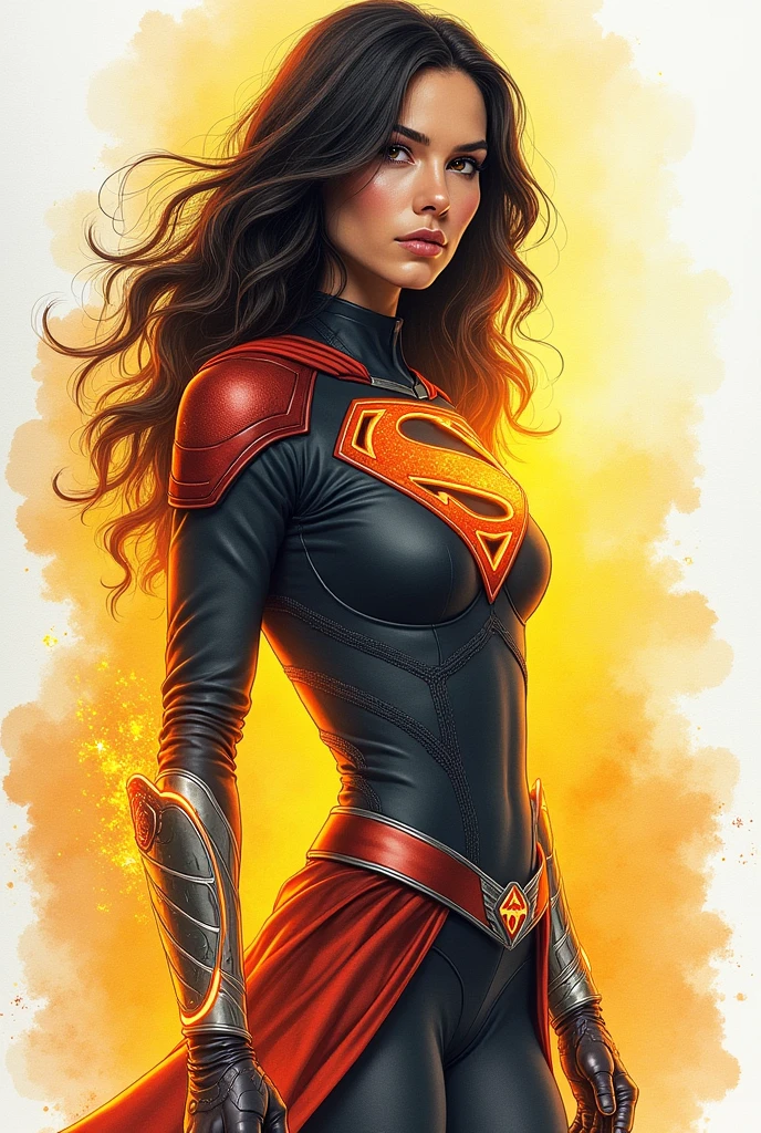 colorful water color drawing, full body of Gal Gadot as a female super hero, dark mysterious, yellow magic dust with orange holo outline powers, in style of Agnes Cecile