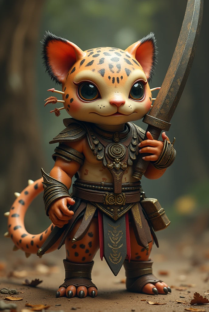 a tender-looking axolotl in jaguar warrior costume, holding a macuahuitl, (best quality,4k,8k,highres,masterpiece:1.2),ultra-detailed,(realistic,photorealistic,photo-realistic:1.37),hyperrealistic,extremely detailed, intricate details, award winning, detailed anatomy,soft lighting, warm colors, dramatic lighting, dramatic pose, dynamic composition