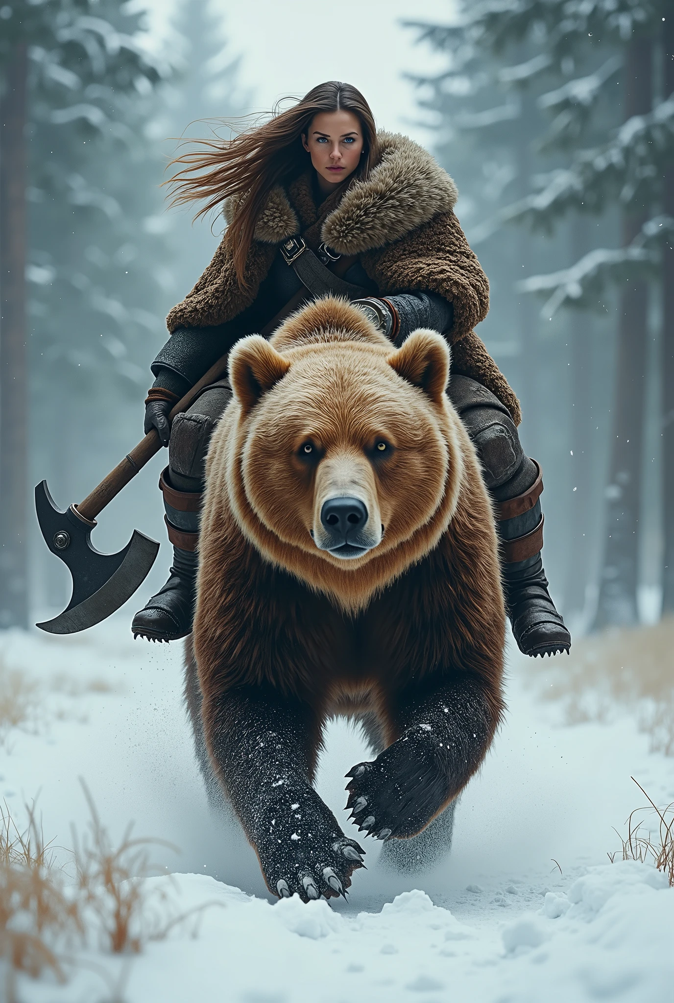 photorealistic of a female Viking warriors with long hair wearing a brown bear fur cloak riding a huge brown bear, detailed face, beautiful woman, holding axe with one hand, charging forward, cowboy shot, snow storm, secluded background, snow forest background, dramatic lighting, high contrast