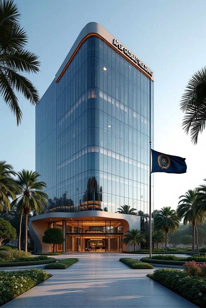 A company headquarters with,
The image showcases a modern building with distinct Singaporean architectural elements. The building features sleek glass facades, clean lines, and an elegant, minimalist design that reflects a blend of modernity and traditional Southeast Asian influences. The structure rises several stories high, with a curved roof inspired by the traditional "Minangkabau" style, slightly flaring at the edges.
At the top of the building, prominently displayed is a large sign that reads "APEX GLOBAL HOLDINGS EMBASSY" in bold, metallic letters, illuminated subtly for a sophisticated look. The lettering is centered above the main entrance, which is framed by two large, polished stone pillars.
The building is surrounded by a lush, well-manicured compound, featuring a variety of tropical plants, palm trees, and a koi pond that reflects the building's modern yet organic design. A wide, stone pathway leads to the entrance, bordered by low, neatly trimmed hedges.
Flag Description:
A flagpole stands to the right of the main entrance, positioned near the koi pond. The flag of Apex Global Holdings is flying atop it, featuring a deep navy blue background with a golden emblem at the center. The emblem is a globe encircled by olive branches, symbolizing peace and global reach, with the letters "AGH" elegantly inscribed at the bottom of the globe in a bold, modern font. The flag waves gently in the breeze, adding a sense of dignity and prestige to the setting.
The entire scene is set against a clear blue sky, with the building’s glass facade reflecting the natural surroundings, enhancing the serene and prestigious ambiance of the compound