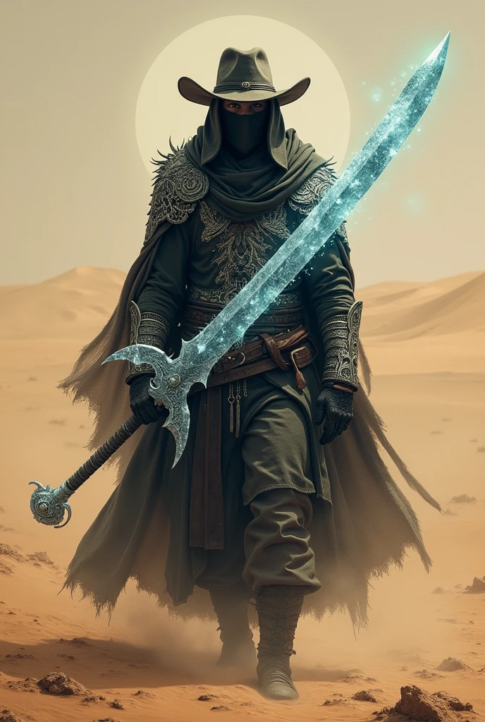Hunter in a desert, with a long sword made of ice (an ice sword). He wears a mask and white dragon details on his outfit. (sobretudo escuro, half sepia), besides a cowboy hat (not very wide).