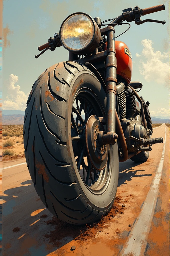 A rough oil painting of a motorcycle wheel on the road