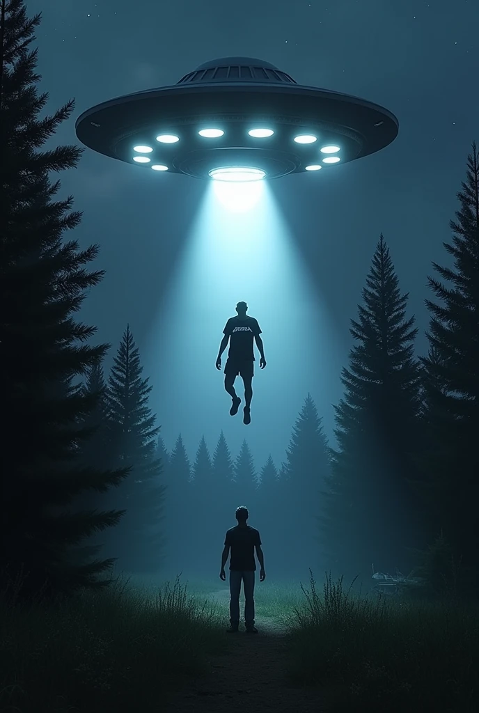 A flying saucer abducting a person wearing a Metallica shirt in the middle of a pine forest at night