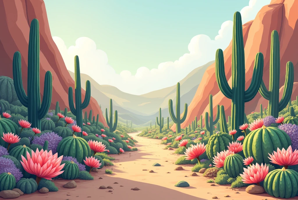 cacti and flowers in the caatinga in pastel tones in 2d
