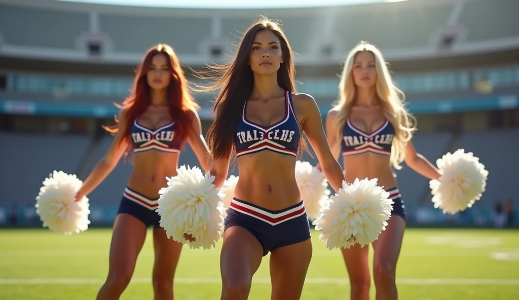 ultra realistic, photography, three hot girls: one with long straight red hair, (30 years old, hourglass figure, perfect body, natural medium breasts), the second one: long black straight hair, (30 years old, hourglass figure, perfect fit body, natural big breasts), the third one with long straight blonde hair, (wavy elegant hair, blue eyes, perfect round lips, 30 years old, gorgeous face, voluptuous figure, perfect fit body, big enhanced breasts), they have perfect round cleavage, great cleavage, they are cheerleaders in red and white skimpy short uniforms on a footballfield, they have white pompoms in their hands and are doing sexy cheerleading